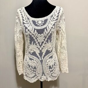 Express Top Sheer Mesh Floral‎ Lace Scoop Neck Y2K Romantic BoHo Indie Fairy S